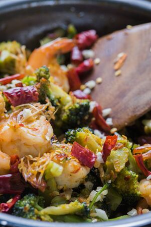 Stir fried broccoli with shrimp or prawn with chili.の写真素材