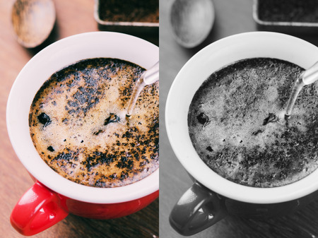 Hot espresso coffee making from Arabica beans served in a cup. Photo in vintage color tone style.の写真素材