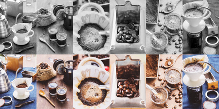 Making brewed arabica coffee from steaming filter drip style.の写真素材