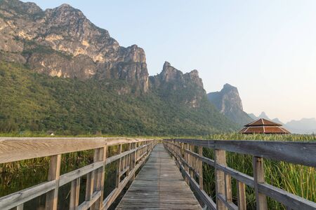 walk way, lake of Thung Sam Roi Yot, mountain, hillの写真素材