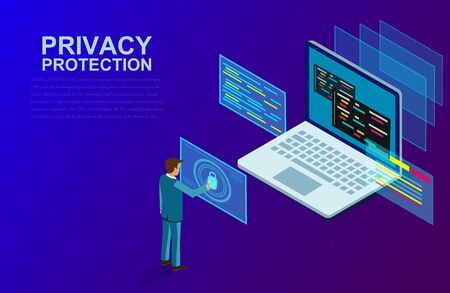 privacy protection and software for development with businessman stood in front of a computer with high security. isometric. Web pages and window, binary code, and site. illustration cartoon vectorのイラスト素材
