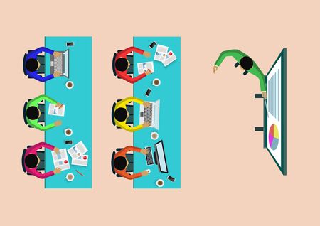 Business training concept. Corporate staff training. business meeting and Planning decisions show top view. illustration cartoon vectorのイラスト素材