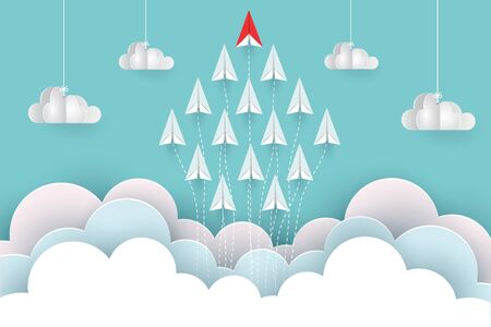 paper airplane red and white are fly up to the sky between cloud natural landscape go to target. startup. leadership. concept of business success. creative idea. illustration vector cartoonのイラスト素材
