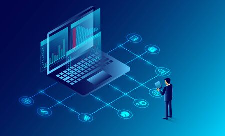 business analysis and communication contemporary marketing and software for development. Infographic for web banner working on investments. illustration cartoon vectorのイラスト素材