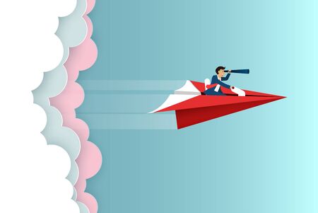 businessman sit on paper plane hold binoculars forward fly on sky go to success goal. business finance concept. creative idea. startup. illustration cartoon vectorのイラスト素材