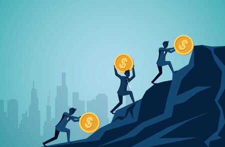 Businessman competing rolling and push icon dollar coin uphill on the mountain to the goal of success. creative idea. leadership. illustration cartoon vectorのイラスト素材