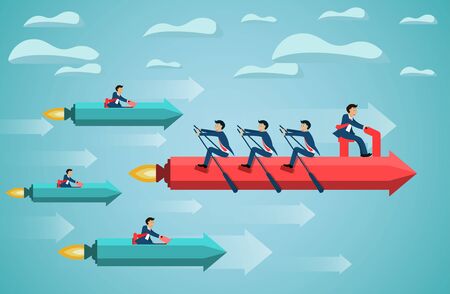 business teamwork on rowing arrow on sky success goal. creative idea. competing concept. startup. illustration cartoon vectorのイラスト素材