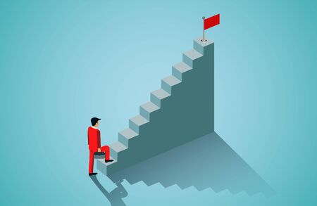 Businessman walking up staircase to target red flag. business success goal. leadership. startup. isometric. illustration cartoon vectorのイラスト素材