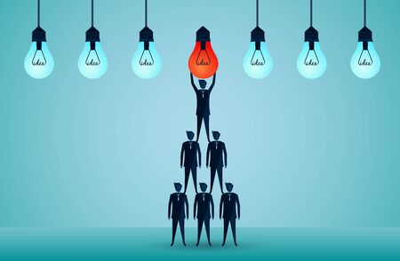 Business teamwork concept. Businessmen standing on each other lifting the red light bulb upwards. harmonious. creative idea. on background blue. illustration cartoon vectorのイラスト素材