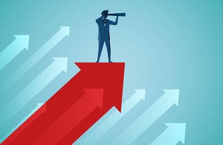 One Businessmen standing holding binoculars on red arrow fling up to the sky. business success...