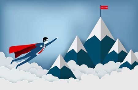 superhero businessmen are flying to the red flag target on mountains while flying above a cloud.  business finance success. leadership. startup. creative idea. illustration cartoon vectorのイラスト素材