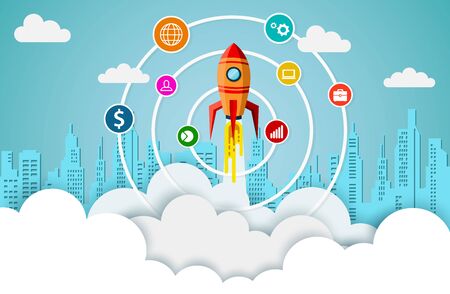 space shuttle are flying up into the sky while flying above a cloud and city. go to business success goal. leadership. icon and symbol. startup. creative idea. illustration cartoon vectorのイラスト素材