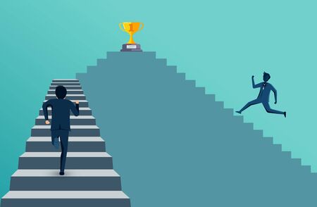 businessman competing run up on staircase go to trophy goal. destination, victory  to success concept with idea. leadership concept. ladder to success business. cartoon vector illustrationのイラスト素材