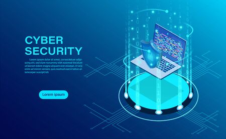 Cyber security concept banner with businessman protect data and confidentiality and data privacy protection concept with icon of a shield and lock. flat isometric vector illustrationのイラスト素材