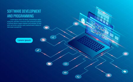 software development coding and business analysis. programming of concept. data processing. Computer code with window interface. flat isometric illustrationのイラスト素材