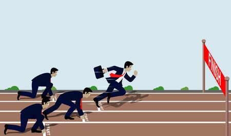 Businessmen run to the finish line to success in business Concept.  Cartoon, vector illustration.のイラスト素材