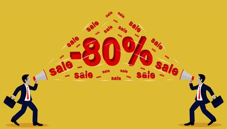 Businessman holding a megaphone. Announcement with Sale 70% Text. Commercial Promotion Poster. On a yellow background. cartoon. Vector illustrationsのイラスト素材