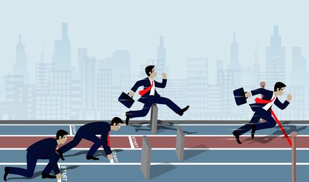Businessmen run to the finish line to success in business Concept. There are Barriers . The wall is blocking the way ahead.  Cartoon, vector illustration.のイラスト素材