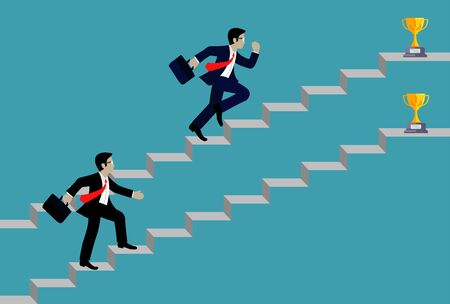 businessman walking up on staircase go to goal . destination, victory  to success concept with idea. leadership concept. Ladder to success business. Cartoon vector illustrationのイラスト素材