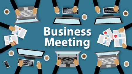 Business meeting. team work. Businessmen help to brainstorm modern ideas And to achieve higher And success in the organization. modern Idea and Concept Vector illustration in top view. startupのイラスト素材