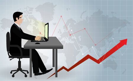 Businessmen sitting on the table help to brainstorm modern ideas. And to achieve success and higher in the financial business. Modern ideas and vector illustrations Arrow bar chart template. world mapのイラスト素材
