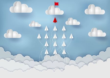 Paper planes are competing to destinations Up to the sky There is a red flag on the cloud. Business Financial concepts are competing for success and corporate goals. Failure. start up. paper art styleのイラスト素材