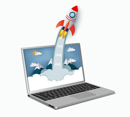 space shuttle launch outside notebook screen. Concept of business start-up. vector art and illustration paperのイラスト素材