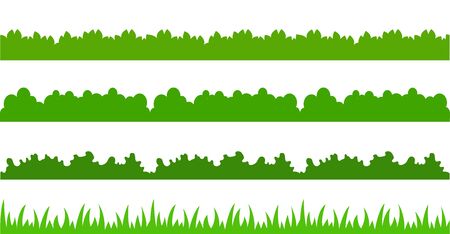 Large set of fresh green spring grass cartoon borders in lengths and densities for use as design elements isolated on white background. Vector illustrationsのイラスト素材