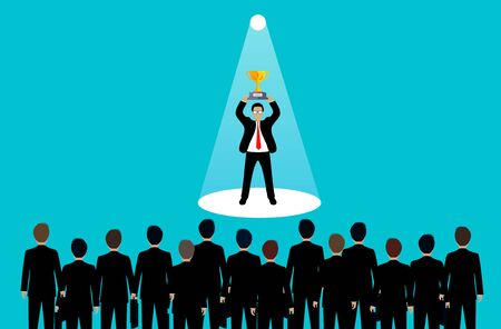 Businessmen standing holding trophies in the light. flashlight shining down. Recruiting personnel idea with excellent skill and talent. business success. creative. leadership. vector illustration.のイラスト素材