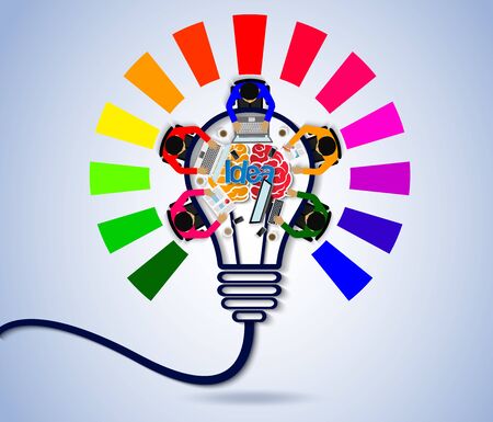 Creative idea. inspiration planning light bulb brain colorful icon concept. teamwork. businessmen help to brainstorm to achieve higher and success. vector illustrationのイラスト素材