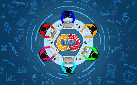 Creative idea. inspiration planning brain icon head concept. teamwork. businessmen help to brainstorm to achieve higher and success. vector illustrationのイラスト素材