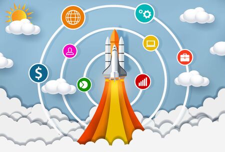 space shuttle launch to the sky. start up business concept ,financial idea are competing for success and corporate goal. creative. icon. vector illustration paper artのイラスト素材