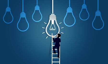 businessman race walking up on staircase go to lamp. destination, victory  to business success concept with idea light bulb. leadership. creative. on background blue. vector illustrationのイラスト素材