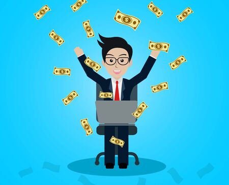 Business and financia success concept happy businessman. lot of money has come down. manager in worker in office sit at the desk with notebook. on blue background. vector illustrationのイラスト素材
