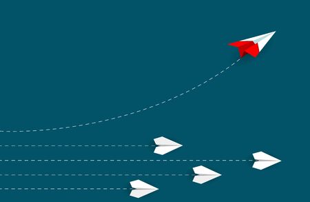 Red paper plane changing direction from white. new idea. different business concept. courage to...