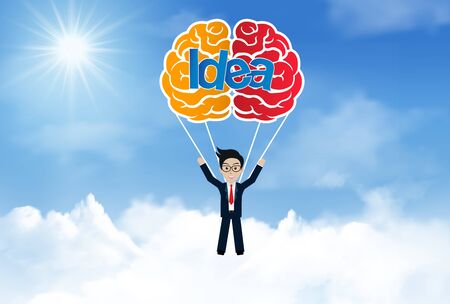 creative idea concept. brain parachute with businessman jump with from sky.  business success. vector illustrationのイラスト素材