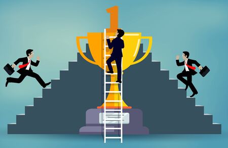 Three businessmen climb the ladder to the goal on the trophy. To be one of the highest achievers. concept of business advancement and higher success and leadership in the highest organizationのイラスト素材