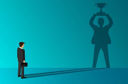 businessmen which a shadow standing holding a trophy of success on the wall. on blue background. Distinction and leadership. creative idea. cartoon vector illustrationのイラスト素材