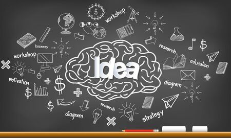 brain head icon with multiple  idea in business. creativity. drawing on blackboard background. open mind. Vector illustrationのイラスト素材