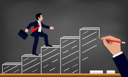 Businessmen walk up the bar graph to the goal drawing. on blackboard background.  up the ladder to success,  and progress in the job. business finance Concept. Vector illustrationのイラスト素材