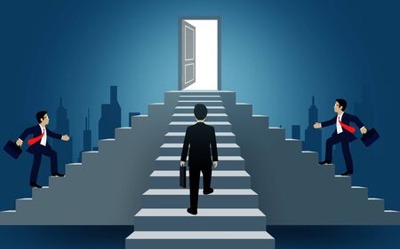 Businessmen walk up the stair to the door. destination, victory  to success concept with idea. leadership concept. Ladder to success business. Cartoon vector illustrationのイラスト素材