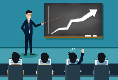 training theme businessman icon. person giving a presentation growing business finance on blackboard. Lecturer holds a conference. and comment on the participants. Vector illustrationのイラスト素材