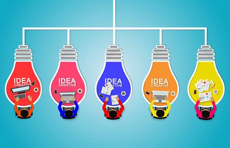 Business meeting with light bulb. teamwork. Businessmen help to brainstorm creative idea. and to achieve higher and success in the organization. vector illustrationのイラスト素材
