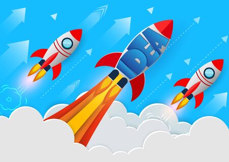 space shuttle launch to the sky. start up business finance concept. competition for success and corporate goal. creative idea. icon. leadership. vector illustration paper artのイラスト素材