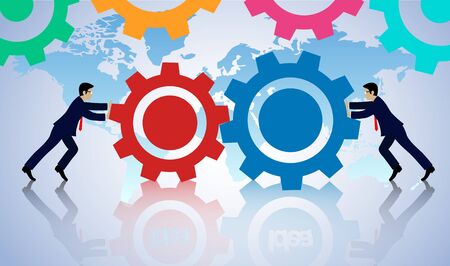 Teamwork concept. two businessmen cooperation push the gear together. business finance success. Vector illustrationのイラスト素材