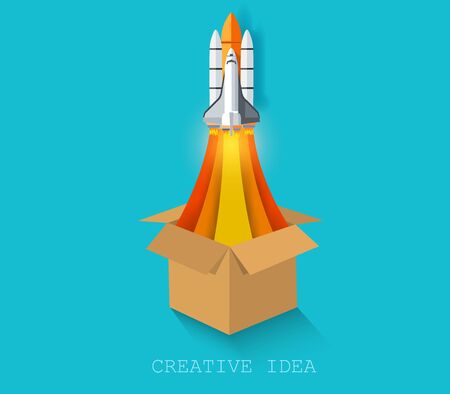 space shuttle launch from the brown box go to the sky. on background blue. start up business concept. creative idea. leadership. vector art and illustrationのイラスト素材