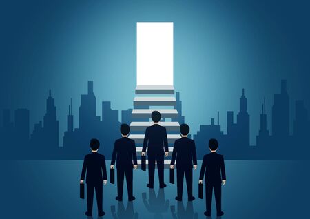 Businessmen walk up the stair to the door. step up the ladder to success goal in life and progress in the job. of the highest organization. business finance concept. icon. vector illustrationのイラスト素材