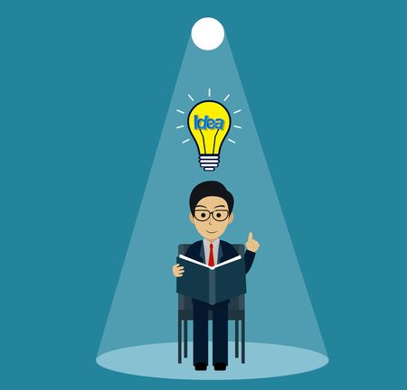 man sitting in a chair reading a book with light bulb over his head one person and lighting flashlight shining down. creative idea. Initiative. leadership. vector illustrationのイラスト素材