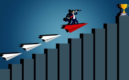 Business success concept. businessman standing on a plane paper to looking with the telescope growth modern ideas and to corporate goals. competing to destination. illustration vector. paper artのイラスト素材