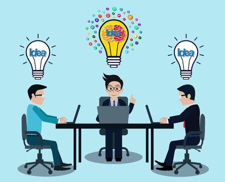 Businessman three in workspace sit at the desks with notebook with light bulb over his head. creative idea. leadership. icon vector illustrationのイラスト素材
